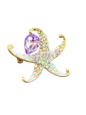 Gold Tone Starfish Brooch – Purple & Iridescent Rhinestone Coastal Sparkle